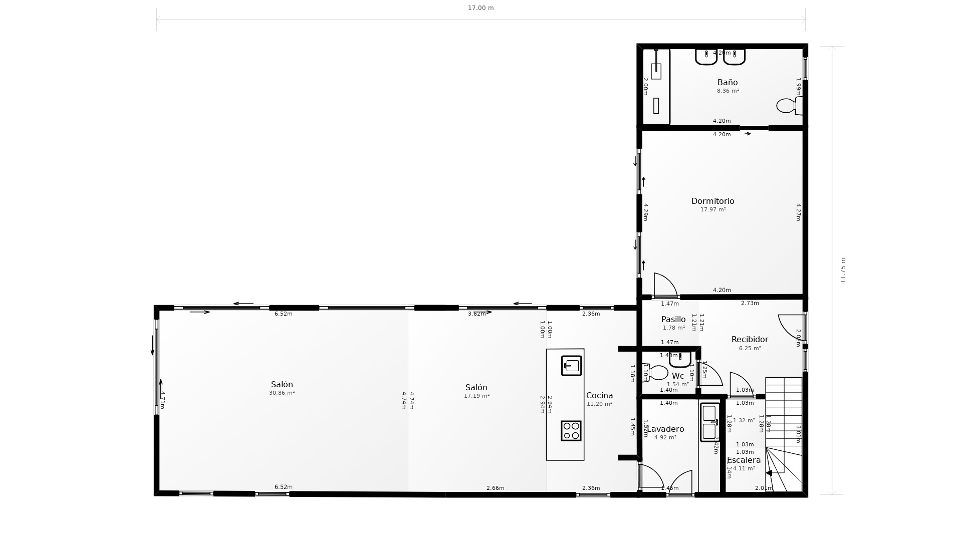 Plan détaillé du rez-de-chaussée illustrant l'agencement fluide du salon-salle à manger, de la cuisine avec îlot, de la suite parentale et des zones techniques de la villa.