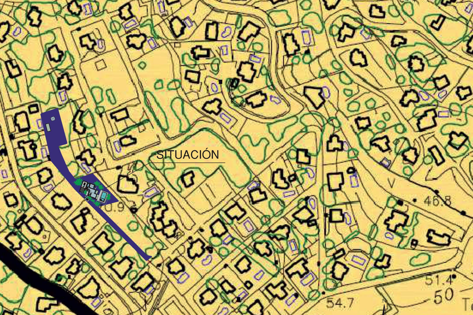 Plan de situation cadastral détaillant l'emplacement exact de la propriété et sa vaste parcelle de 1 715 m2 dans une zone résidentielle calme.