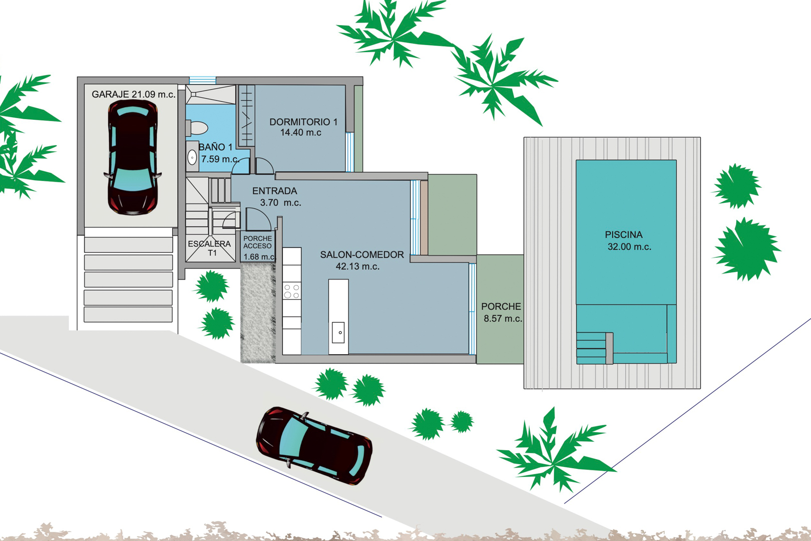 Plan détaillé du rez-de-chaussée illustrant le salon-salle à manger avec cuisine ouverte, une chambre, le garage et l'espace piscine de 32 m2.