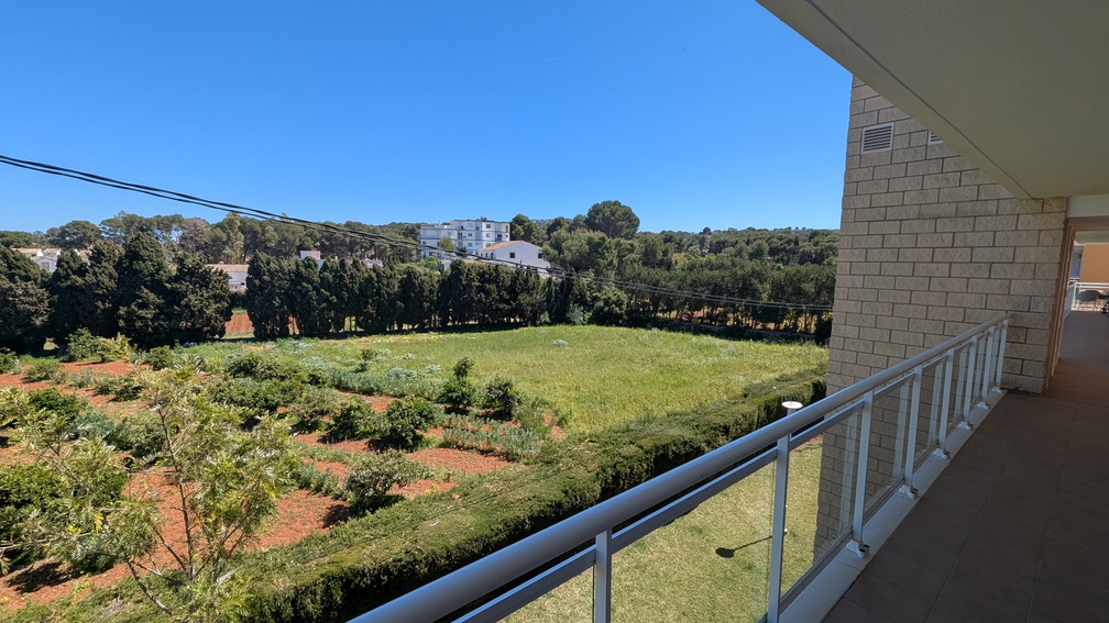 Vue depuis la terrasse carrelée avec garde-corps en verre, donnant sur des paysages verdoyants et une haie de cyprès sous un ciel dégagé.