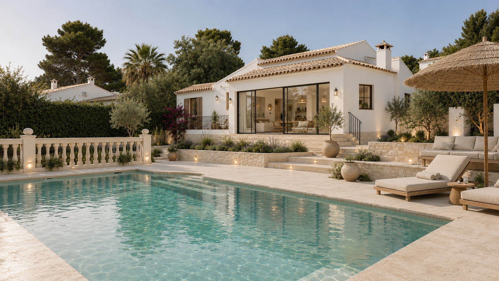 Extérieur d'une villa méditerranéenne avec piscine, terrasse en pierre, murets en pierre sèche et jardin paysager avec oliviers et lavande.