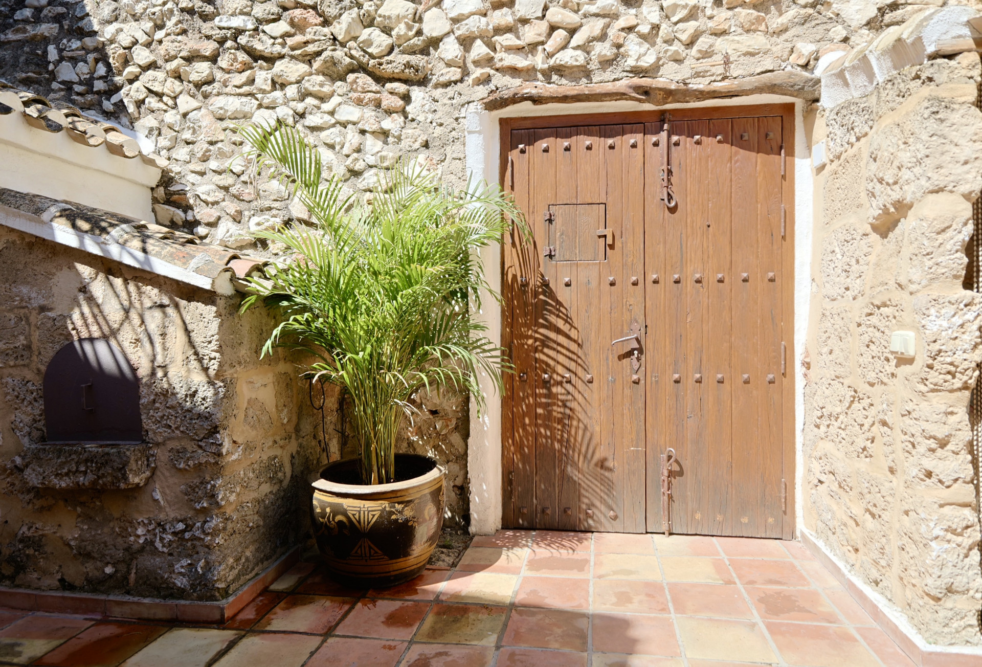 Entrée rustique avec porte en bois cloutée et mur en pierre, à côté d'une plante en pot.