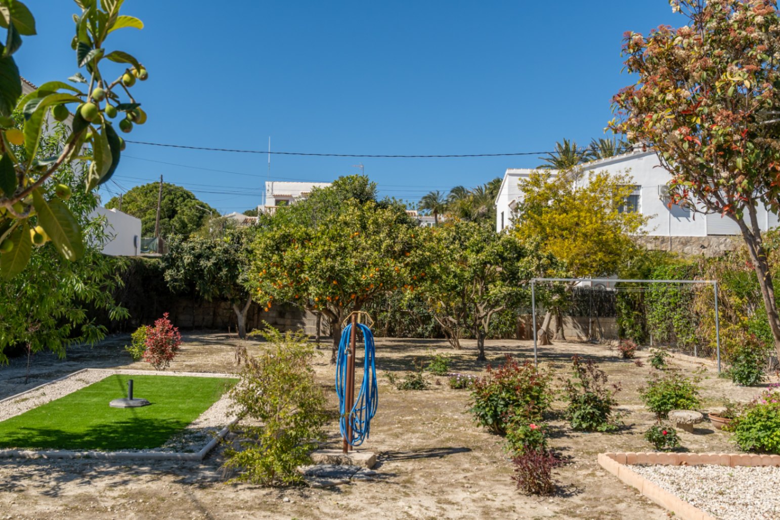 Jardin méditerranéen avec des arbres fruitiers, notamment des agrumes, sur un terrain plat agrémenté de gravier et d'une zone en gazon synthétique.