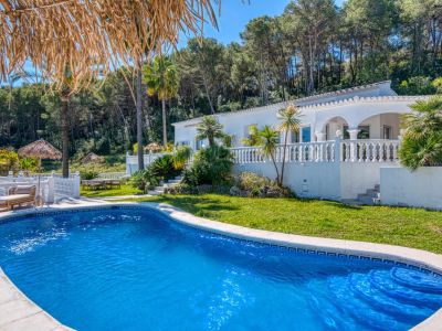 Vue sur la piscine bleu turquoise bordée de carreaux, entourée de pelouse et de verdure luxuriante, avec la villa blanche en arrière-plan.