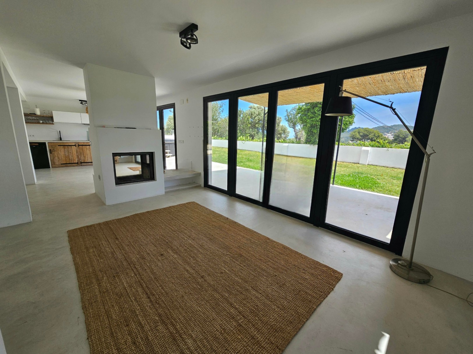 Salon lumineux avec cheminée moderne, tapis en jute et accès direct au jardin.