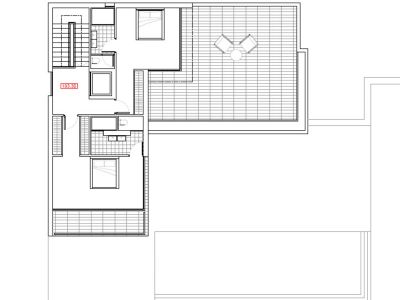 Plan architectural de l'étage supérieur avec terrasse, chambres et escaliers.
