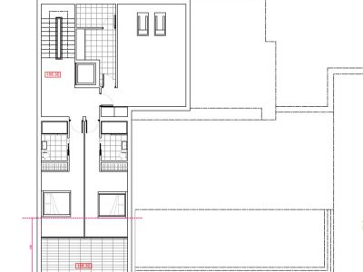 Plan architectural présentant l'agencement de deux chambres avec salles de bains et accès à une terrasse.