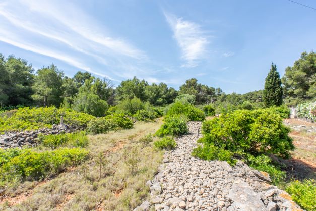 Vue de la parcelle avec végétation indigène et murs en pierre à Jávea.