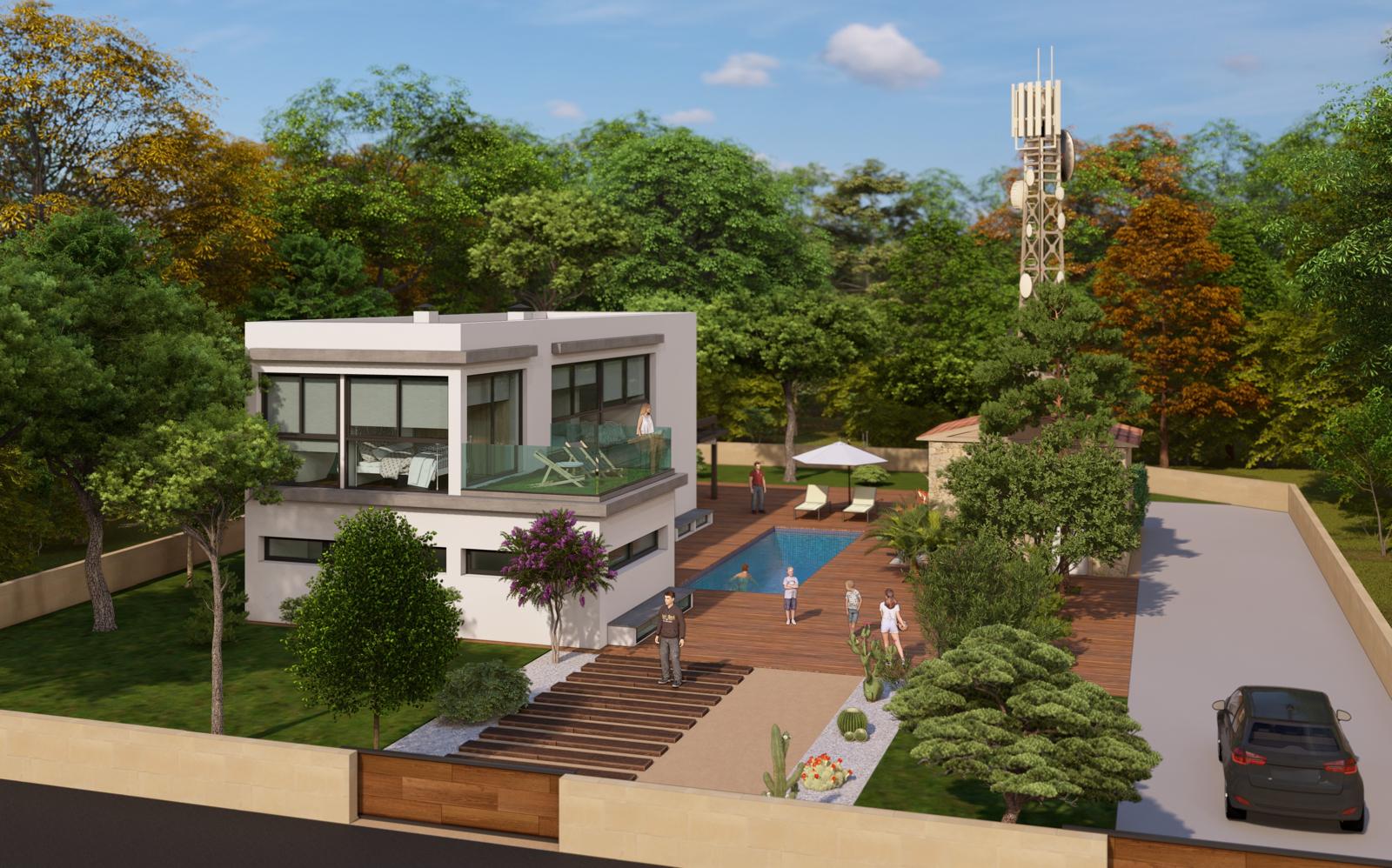 Visualisation d'une maison moderne à deux étages avec piscine et jardin luxuriant.