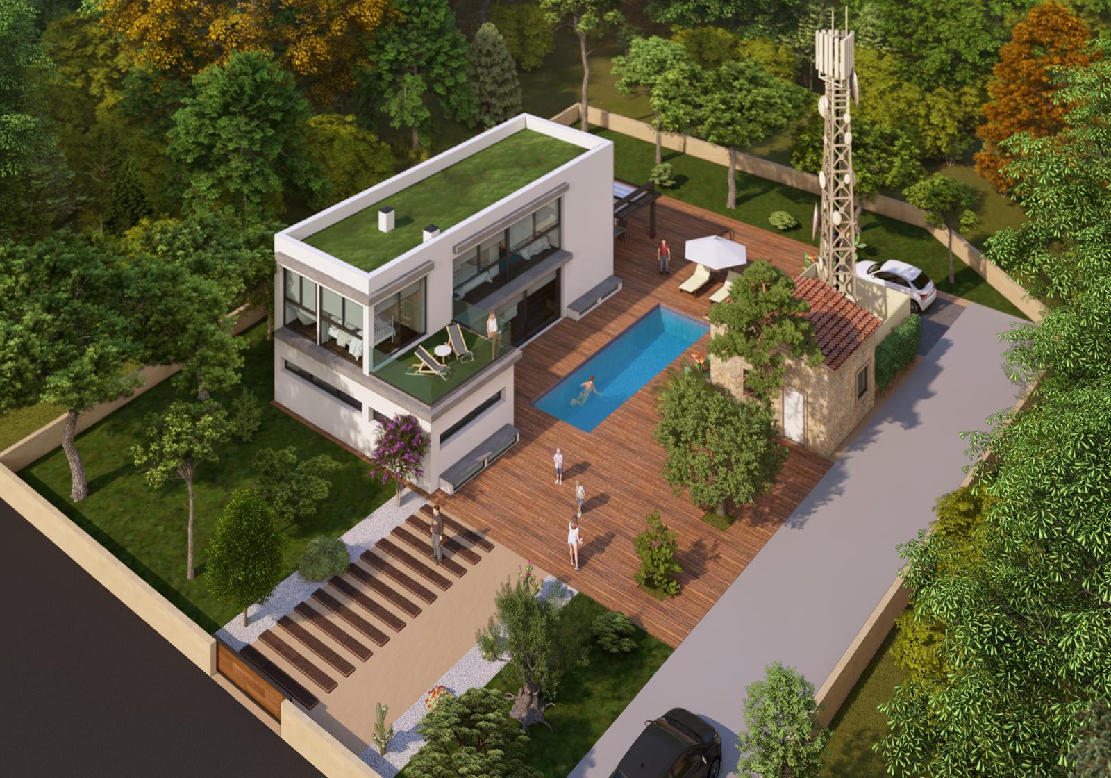 Vue aérienne du terrain avec maison moderne, piscine et tour de télécommunications.