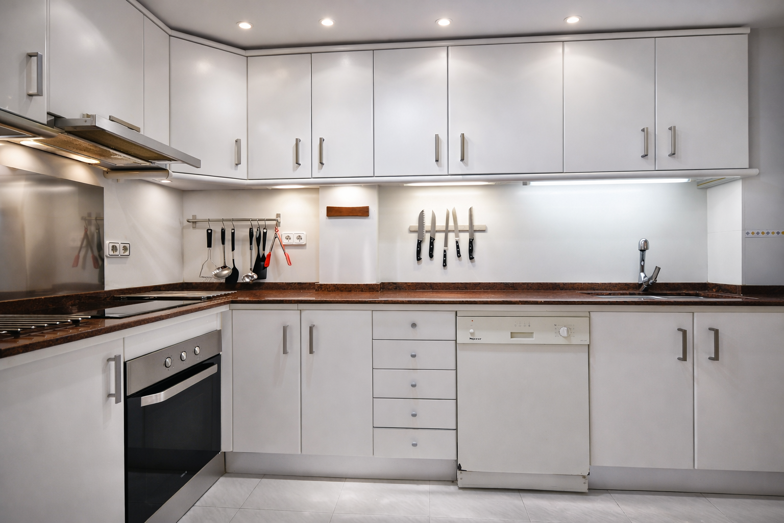 Cuisine fonctionnelle avec plans de travail en granit et placards blancs. Éclairage encastré et électroménager intégré.