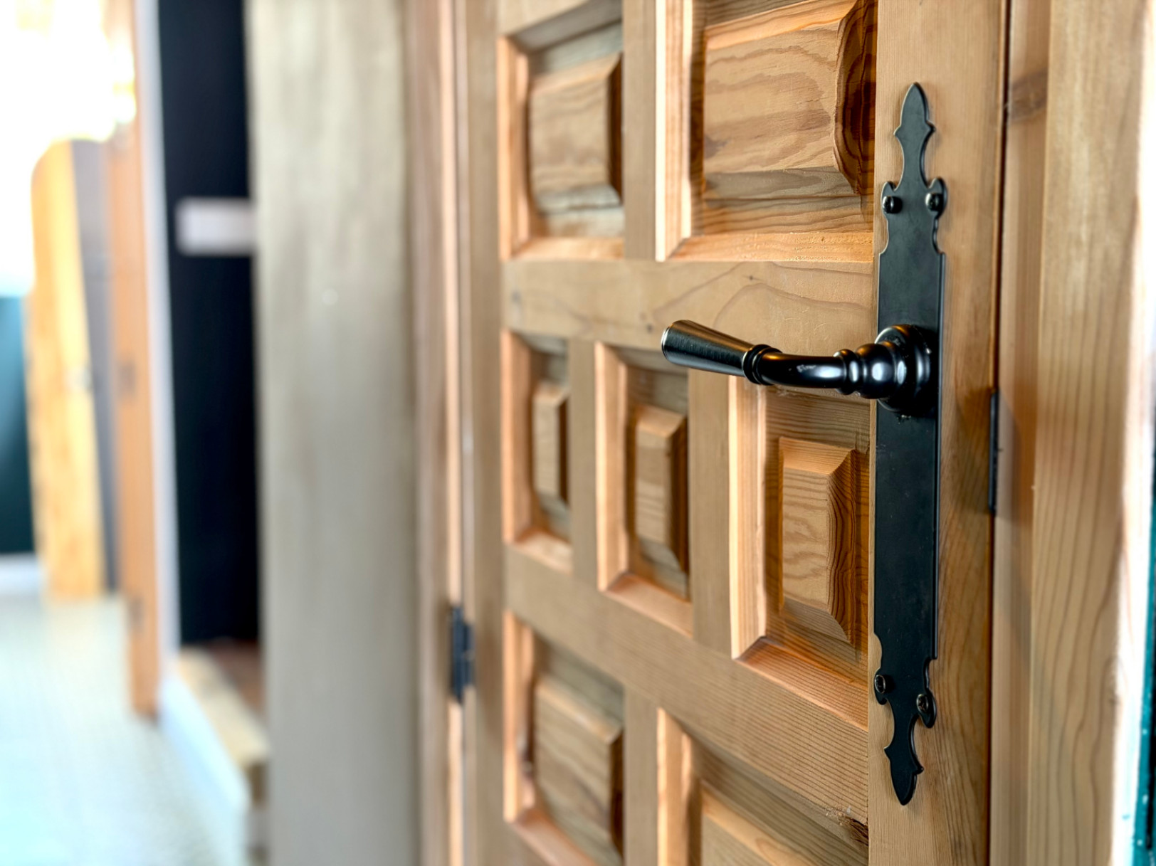 Gros plan d'une porte en bois avec motif en relief et poignée noire en fer forgé.