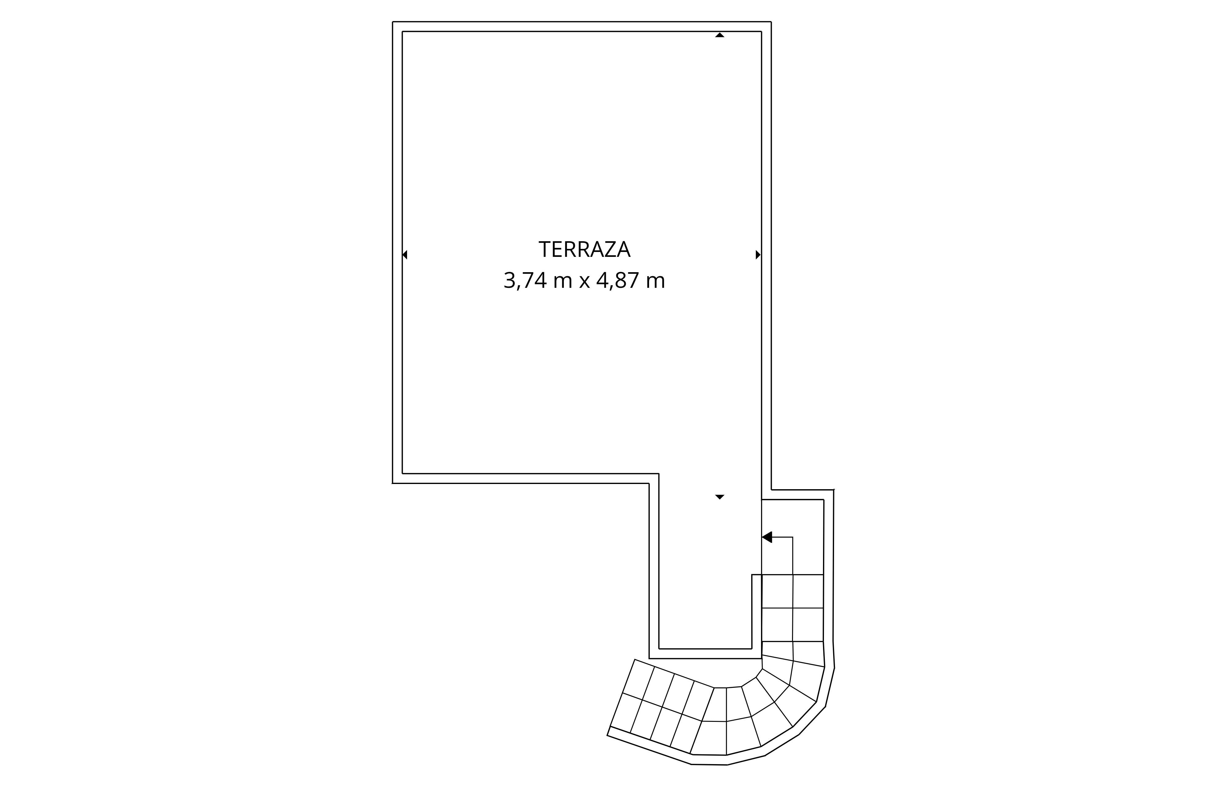 Plan technique d'une terrasse de 3,74m x 4,87m avec accès par un escalier incurvé.