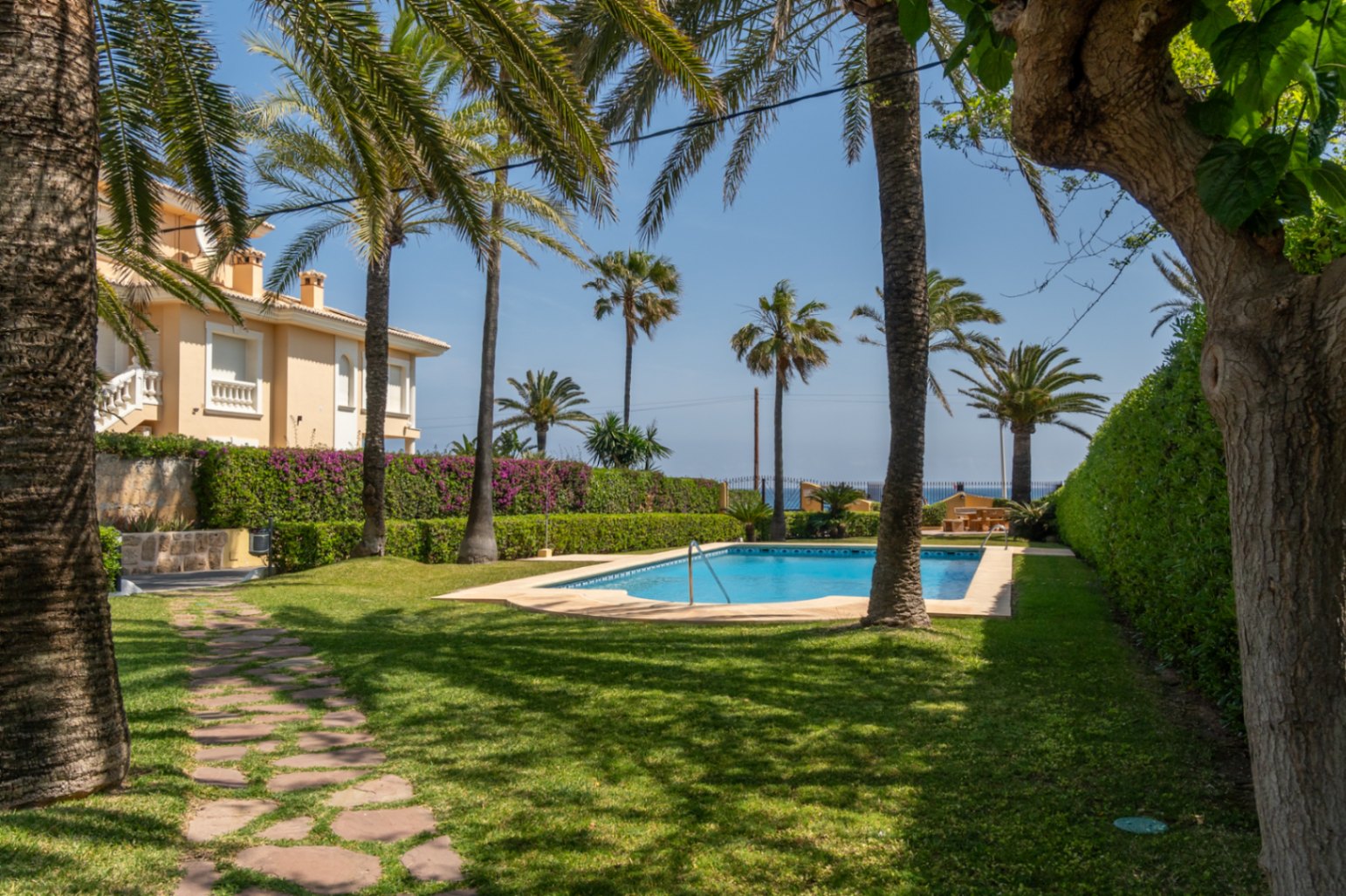Vue de la piscine commune entourée de pelouse et de palmiers dans une urbanisation de Jávea.