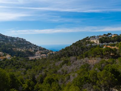 Vue panoramique d'Altea Hills, présentant des bâtiments résidentiels nichés sur des pentes verdoyantes, avec la mer Méditerranée à l'horizon sous un ciel clair.