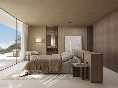 Chambre principale avec baies vitrées, vue mer panoramique et accès direct à la terrasse. Tons neutres, murs texturés et panneaux en bois foncé caractérisent l'espace.