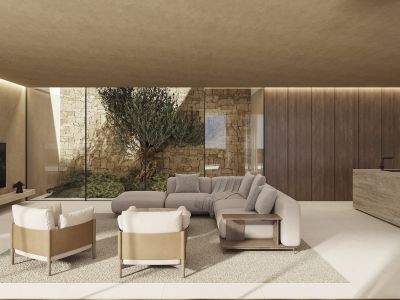 Espace de vie moderne avec baies vitrées sur un mur de pierre et un olivier. Dispose d'un canapé modulaire, de fauteuils et d'un îlot en pierre avec robinet, éclairage linéaire au plafond.