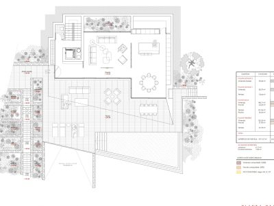 Plan architectural détaillé du rez-de-chaussée avec salon-salle à manger ouvert, cuisine, vastes terrasses extérieures et piscine privée.