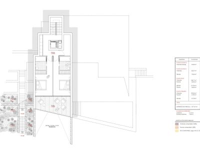 Plan du rez-de-chaussée avec deux chambres en suite, salon-salle à manger ouvert, accès direct à une terrasse extérieure, piscine et jardins en terrasses.