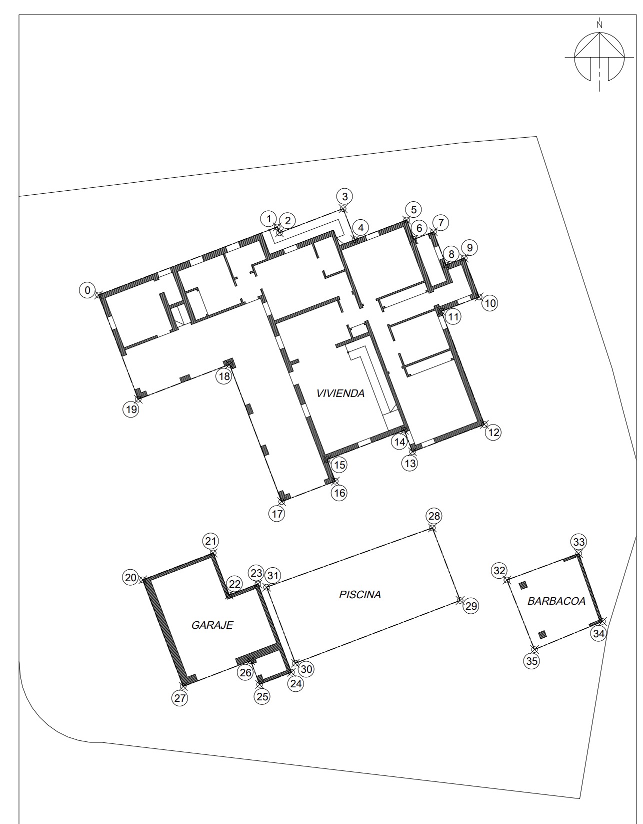 Plan architectural de la villa, présentant la disposition de la maison, de la piscine, du garage et du barbecue.