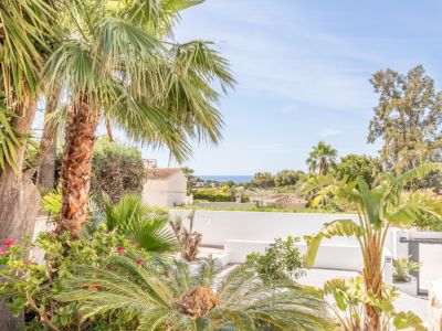 Vue sur le jardin méditerranéen luxuriant, avec palmiers et verdure éclatante, encadrée par un mur blanc, offrant une vue dégagée sur la mer bleue lointaine sous un ciel clair.