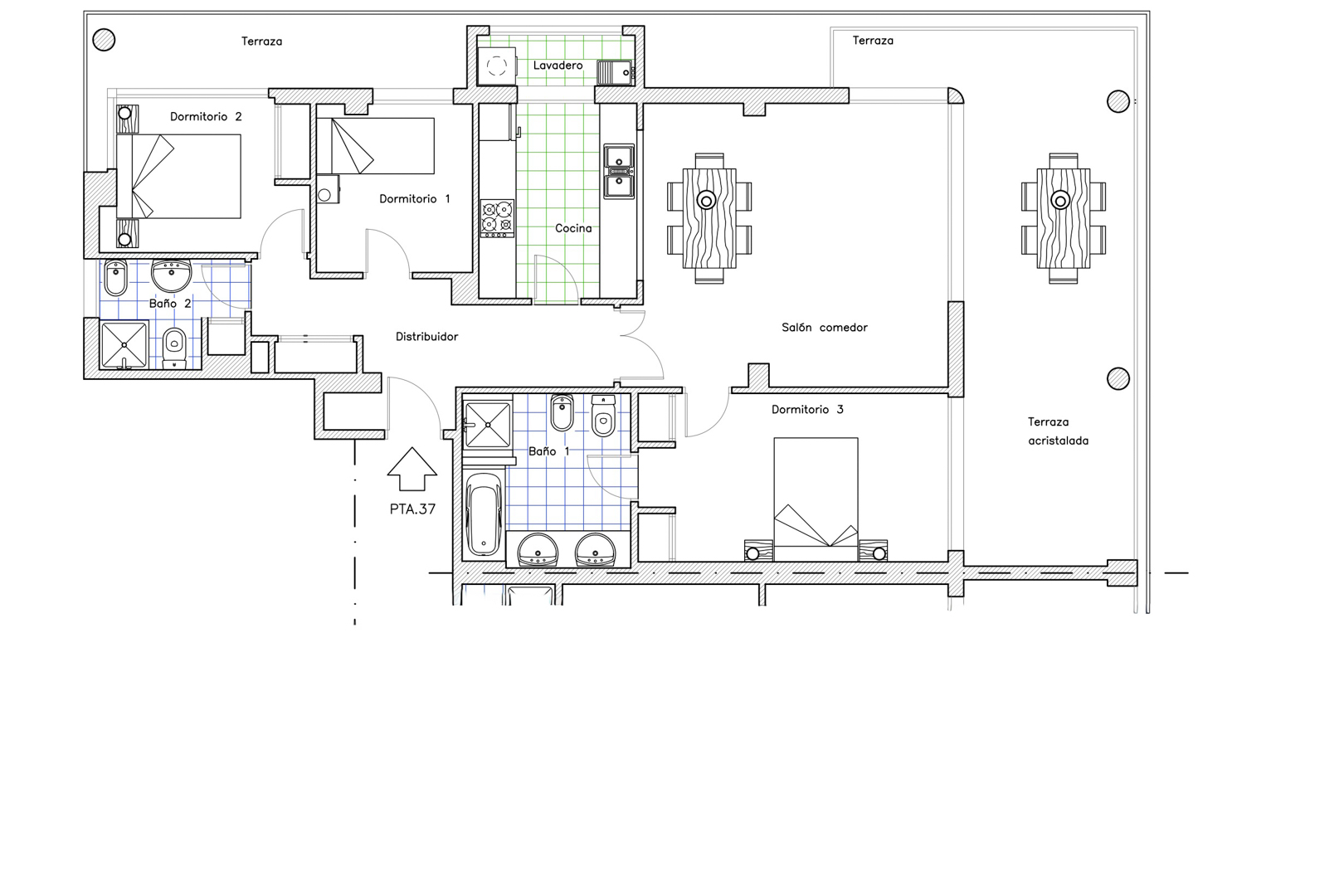 Plan détaillé d'un penthouse de trois chambres et deux salles de bain, doté d'une grande terrasse vitrée attenante au salon-salle à manger et d'une terrasse supplémentaire accessible depuis la cuisine et une chambre.