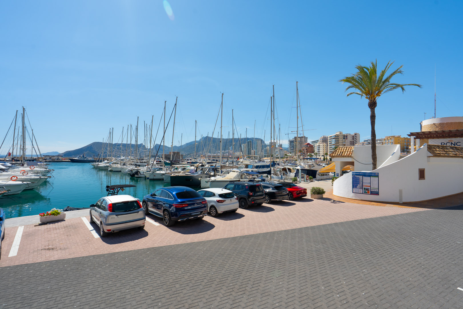 Vue du port de plaisance de Calpe avec de nombreux voiliers, voitures garées et bâtiments côtiers sous un ciel bleu clair, encadrée par un palmier.