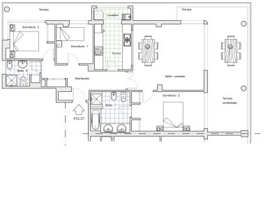 Plan détaillé d'un penthouse de trois chambres et deux salles de bain, doté d'une grande terrasse vitrée attenante au salon-salle à manger et d'une terrasse supplémentaire accessible depuis la cuisine et une chambre.