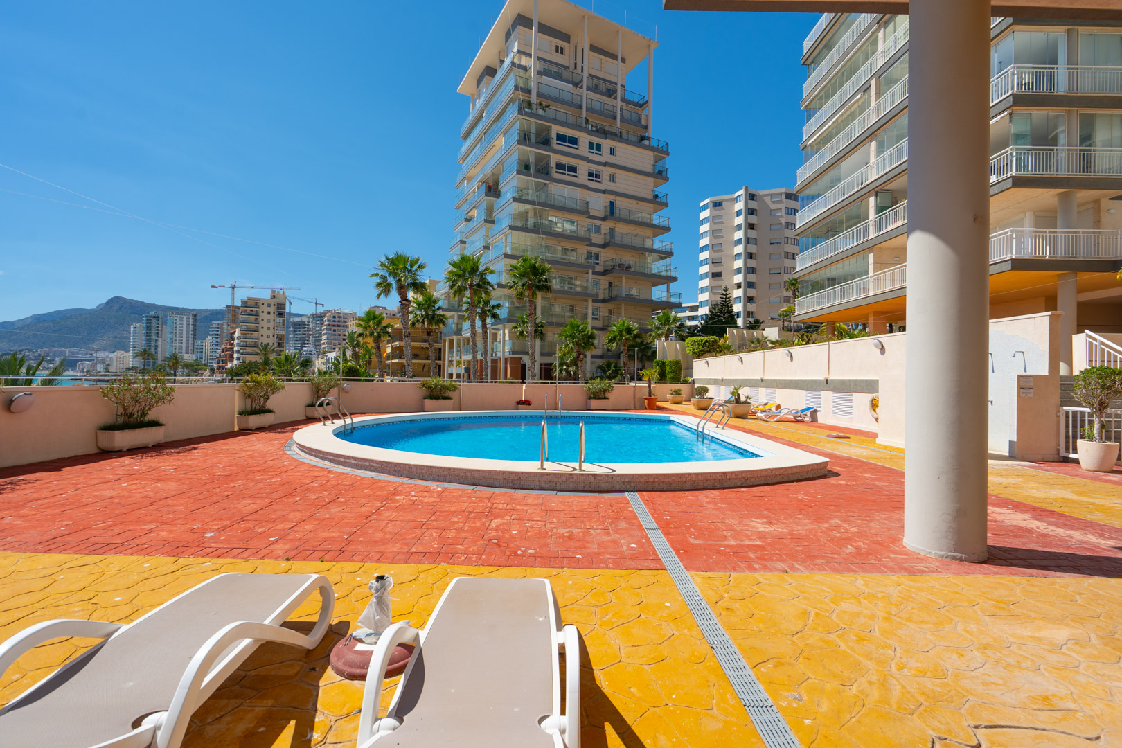 Piscine commune accueillante entourée d'une zone pavée texturée bicolore distinctive avec transats, devant des immeubles modernes et palmiers sous un ciel bleu.