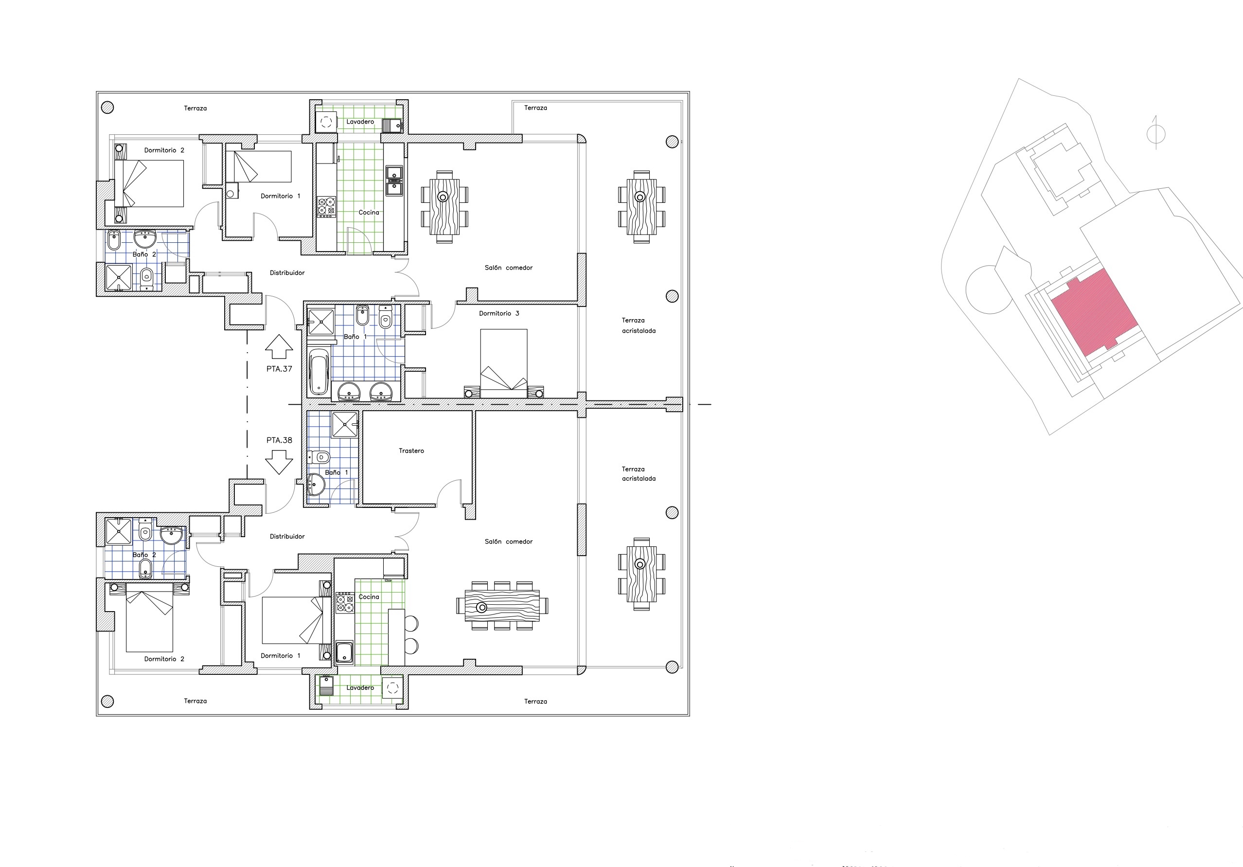 Plan d'étage de deux penthouses contigus sur un étage entier, montrant le potentiel d'une grande résidence de luxe avec plusieurs chambres, salles de bains et de vastes terrasses.