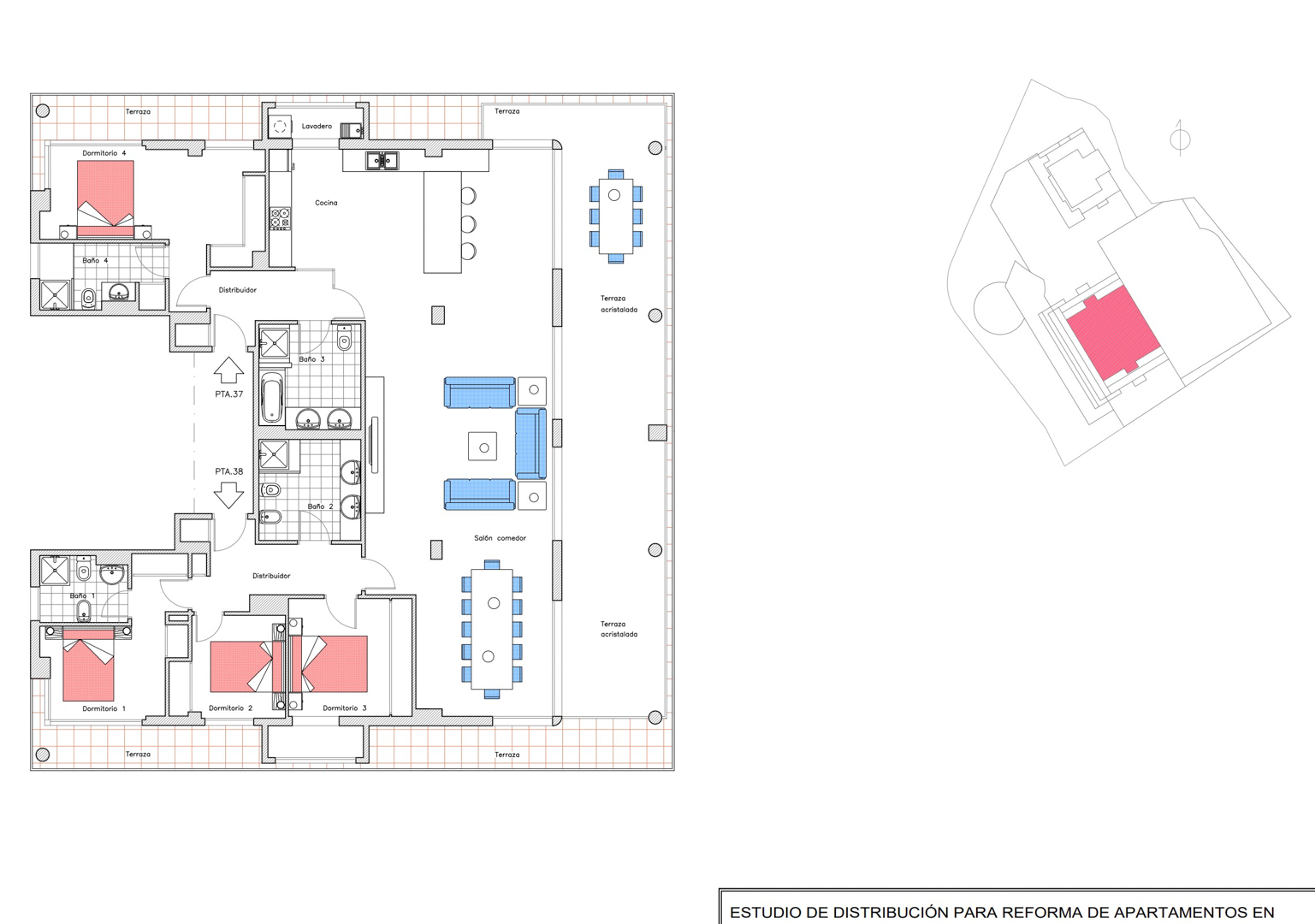 Plan détaillé du onzième étage, fusionnant deux penthouses en un aménagement avec 4 chambres, 4 salles de bain, deux salons et de vastes terrasses.