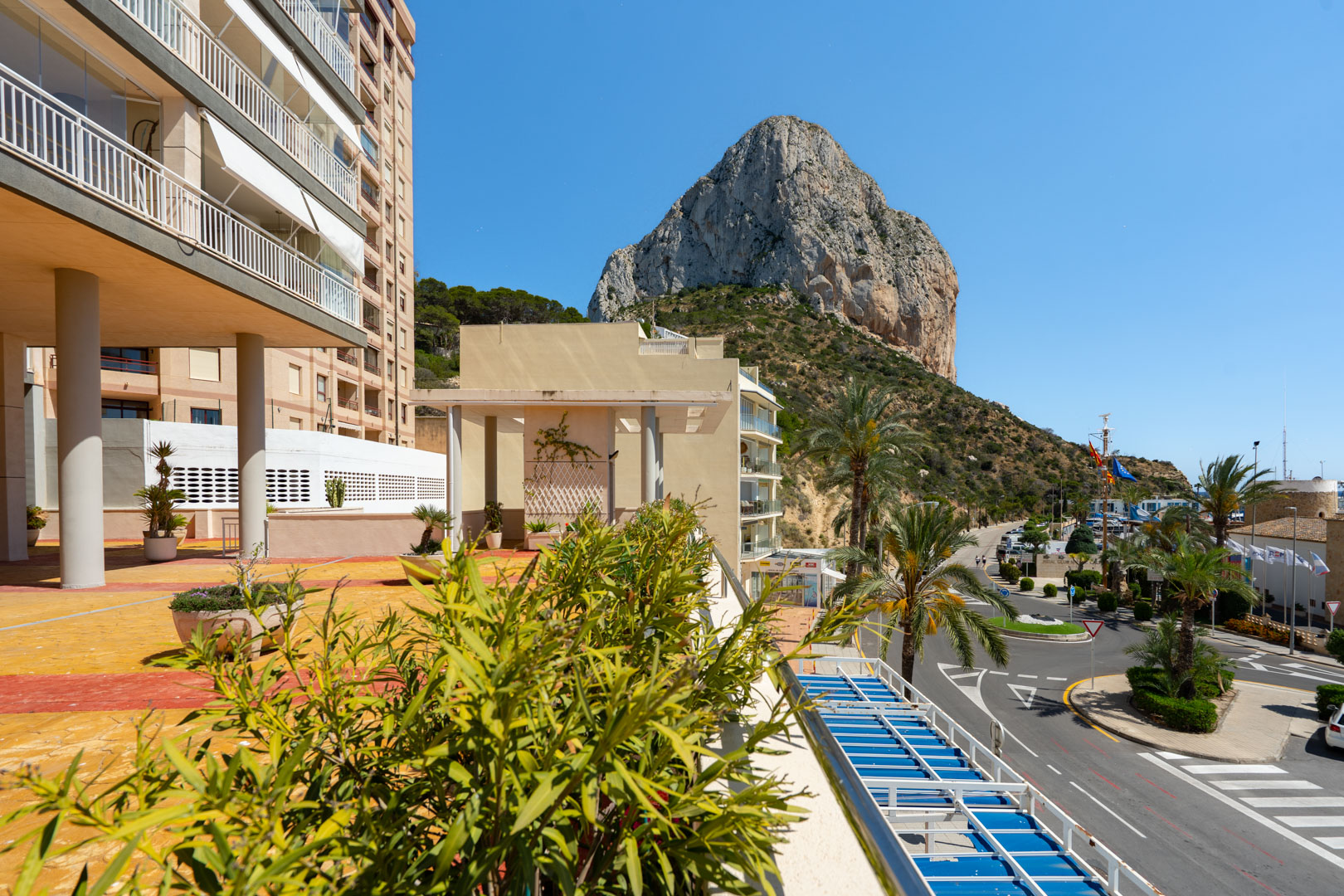 Vue panoramique depuis une terrasse avec végétation luxuriante au premier plan, surplombant la route côtière, la zone portuaire et le majestueux Peñón de Ifach.