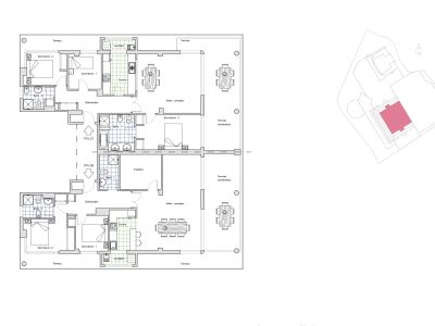 Plan d'étage de deux penthouses contigus sur un étage entier, montrant le potentiel d'une grande résidence de luxe avec plusieurs chambres, salles de bains et de vastes terrasses.