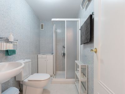 Salle de bain fonctionnelle avec murs en mosaïque bleu clair, équipée de toilettes, d'un lavabo sur pied et d'une cabine de douche. Comprend un petit meuble de rangement et des étagères.