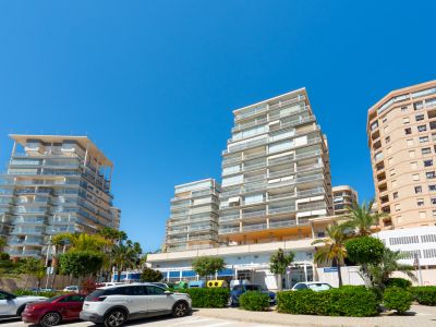 Vue extérieure d'immeubles résidentiels modernes avec balcons vitrés étagés, dans un paysage urbain ensoleillé avec voitures garées et palmiers.
