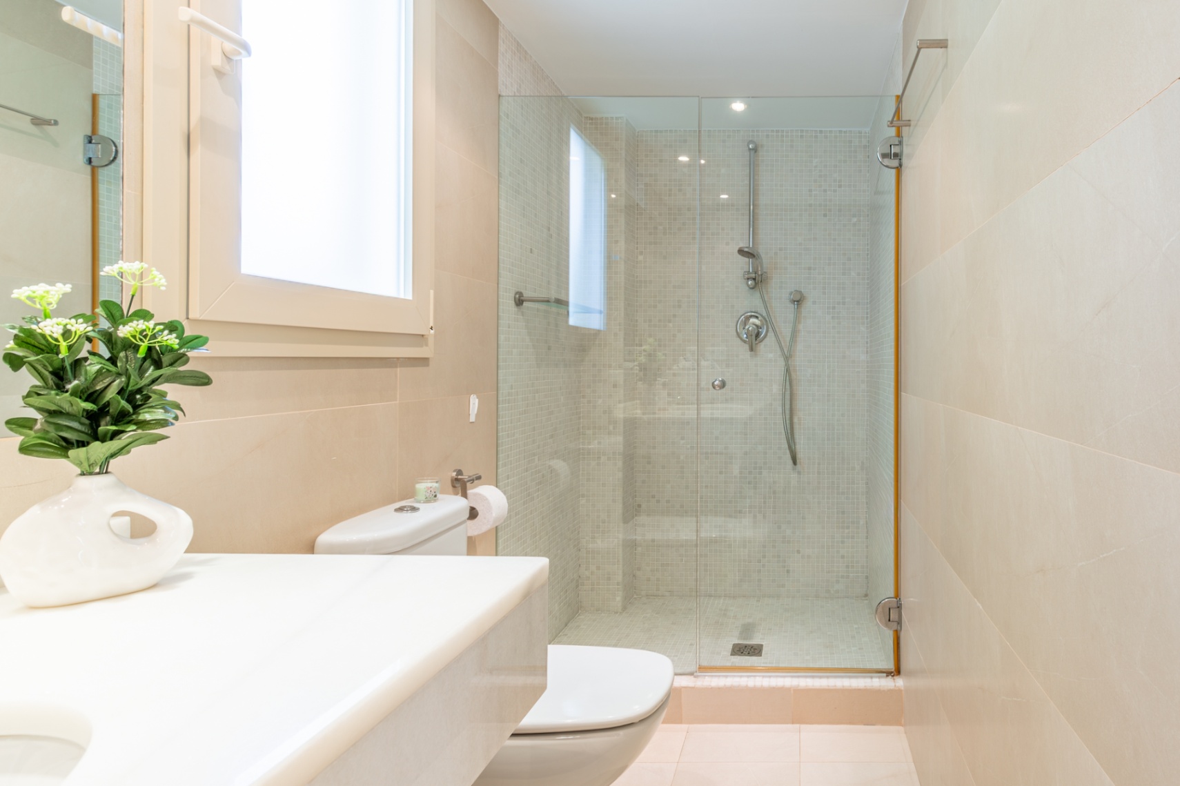 Salle de bain contemporaine avec WC, lavabo à plan blanc et fenêtre. La douche vitrée est revêtue de mosaïque et de carrelage beige, baignée de lumière naturelle.