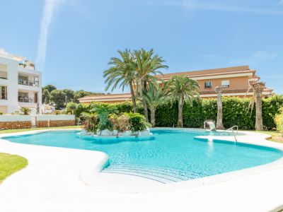 Vaste piscine communautaire de forme irrégulière avec une île centrale luxuriante de palmiers et végétation, entourée de verdure et de bâtiments sous un ciel clair.