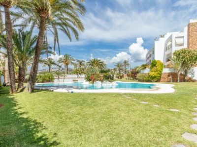 Vaste piscine commune avec un îlot végétalisé intégré, entourée de pelouses impeccables et de palmiers matures. Le bâtiment résidentiel blanc aux accents de pierre est visible sous un ciel clair.