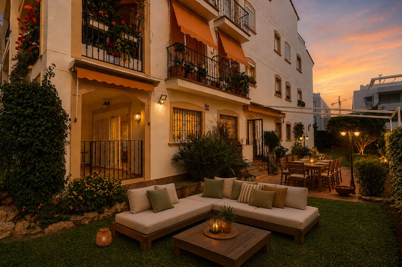 Jardin privé accueillant avec salon extérieur moderne et salle à manger sur terrasse carrelée sous pergola, éclairé par un coucher de soleil.