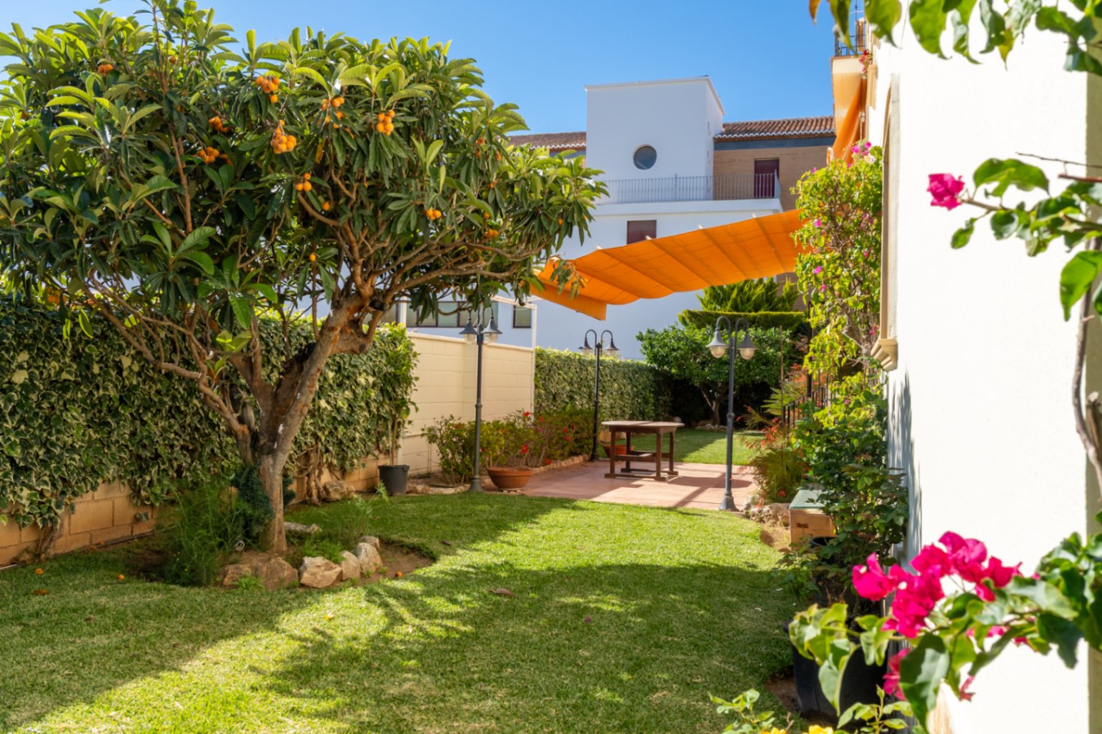 Jardin privé avec pelouse, néflier fruité et haies. Patio pavé avec table en bois, ombragé par un auvent orange rétractable. Éclairage extérieur et bougainvilliers roses ajoutent au charme.