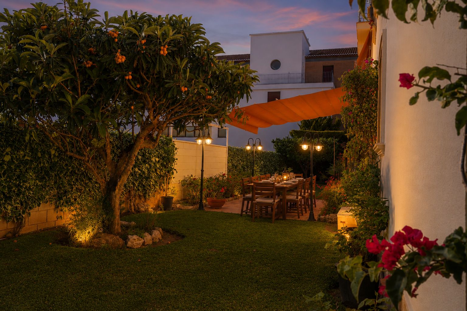 Jardin privé éclairé au crépuscule, avec un néflier, une table à manger extérieure sous un store orange et une végétation luxuriante.