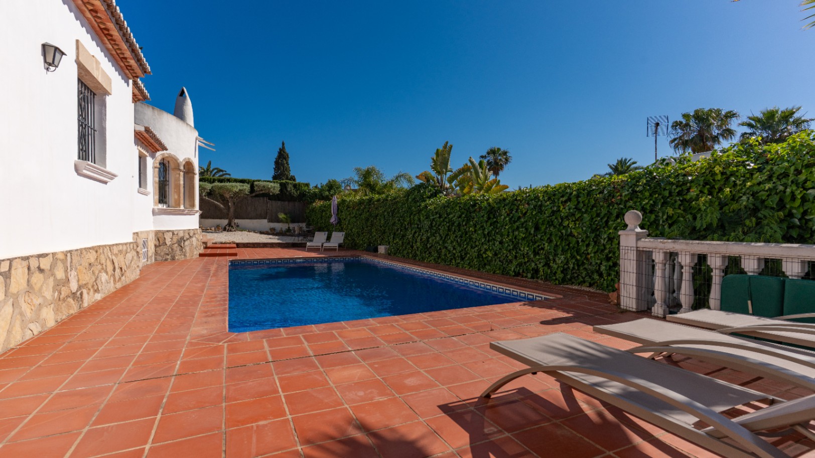 Piscine rectangulaire aux carreaux bleus sur une terrasse en terre cuite avec transats. Une haute haie verte et la villa blanche encadrent cet espace extérieur privé.