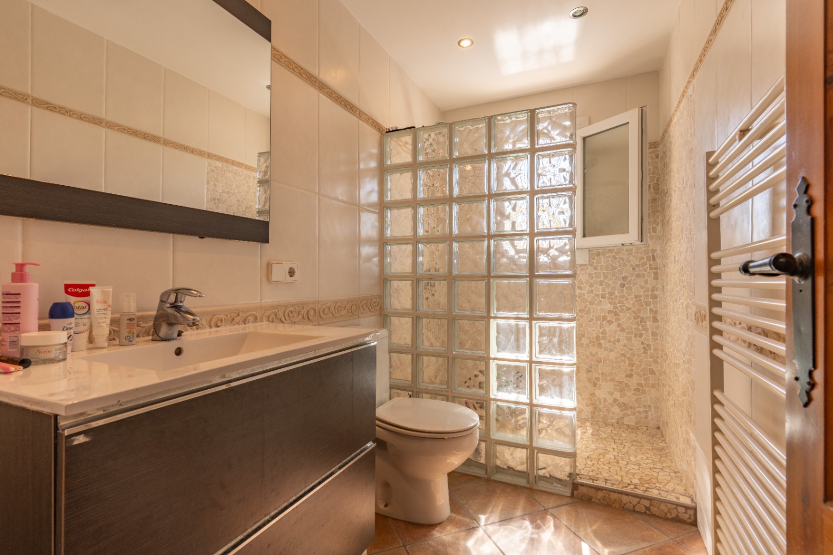 Salle de bain fonctionnelle avec meuble-lavabo effet bois foncé, paroi de douche en pavés de verre et zone de douche carrelée en mosaïque. Comprend un porte-serviettes chauffant et un sol en terre cuite.
