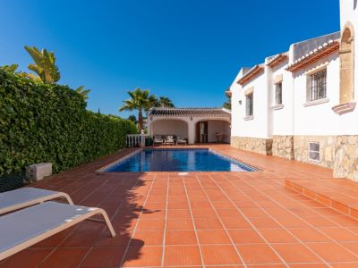 Espace piscine privé et ensoleillé avec piscine rectangulaire, terrasse en terre cuite et deux chaises longues. Une haie verte dense assure l'intimité près de la villa blanche.