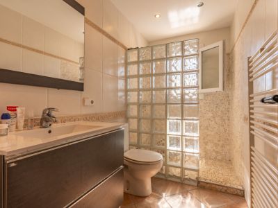 Salle de bain fonctionnelle avec meuble-lavabo effet bois foncé, paroi de douche en pavés de verre et zone de douche carrelée en mosaïque. Comprend un porte-serviettes chauffant et un sol en terre cuite.