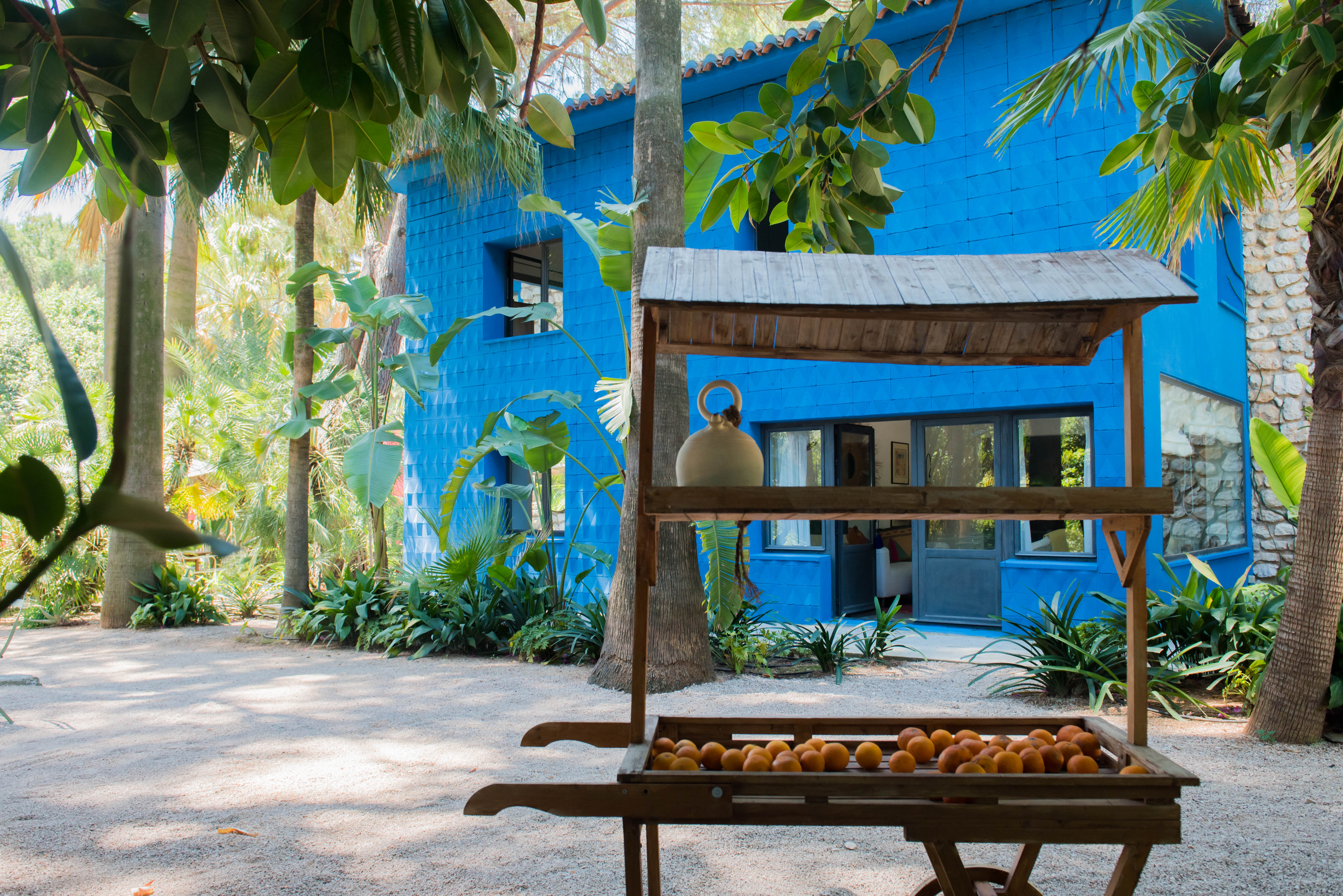 Bâtiment bleu éclatant avec façade texturée, niché au milieu d'une végétation tropicale luxuriante. Un stand de fruits en bois traditionnel, rempli d'oranges, est sur le chemin de gravier.