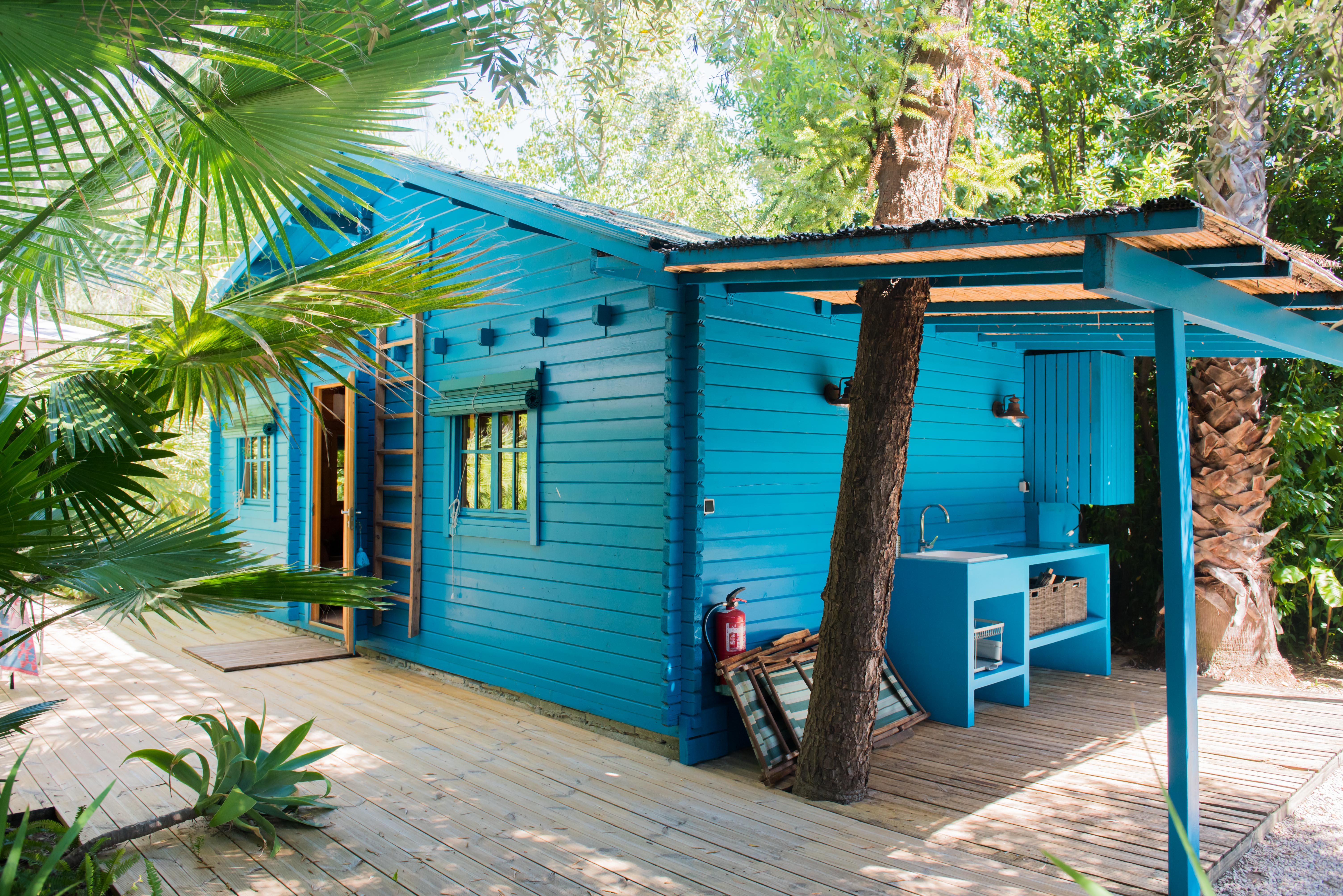 Cabane en bois bleu vif avec cuisine extérieure intégrée et évier, sur une vaste terrasse en bois. Entourée de végétation tropicale, un tronc d'arbre traverse l'espace extérieur ombragé.