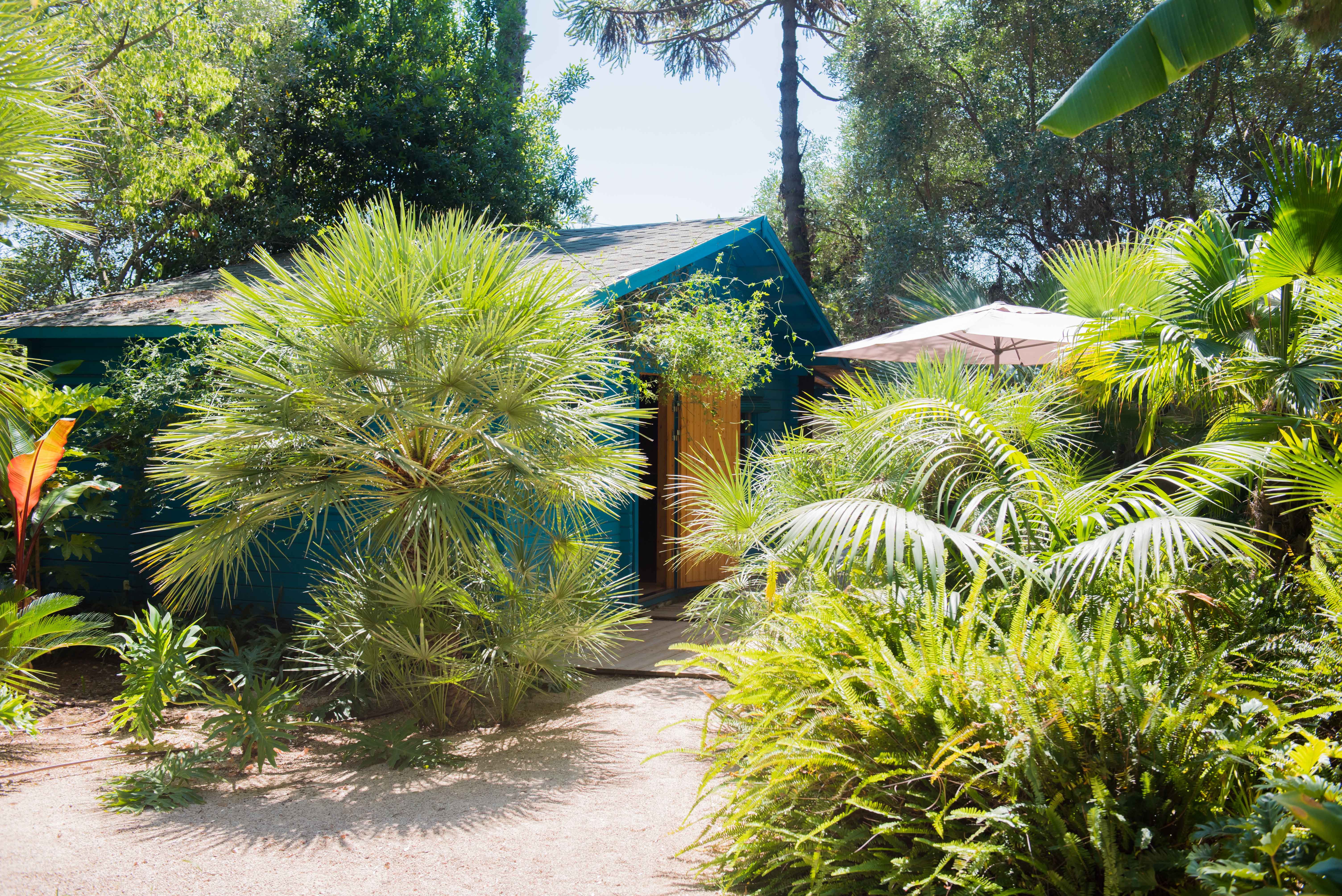 Cabane turquoise avec porte en bois, nichée dans un jardin tropical luxuriant. Un sentier sablonneux mène à l'entrée, avec un parasol extérieur partiellement visible.