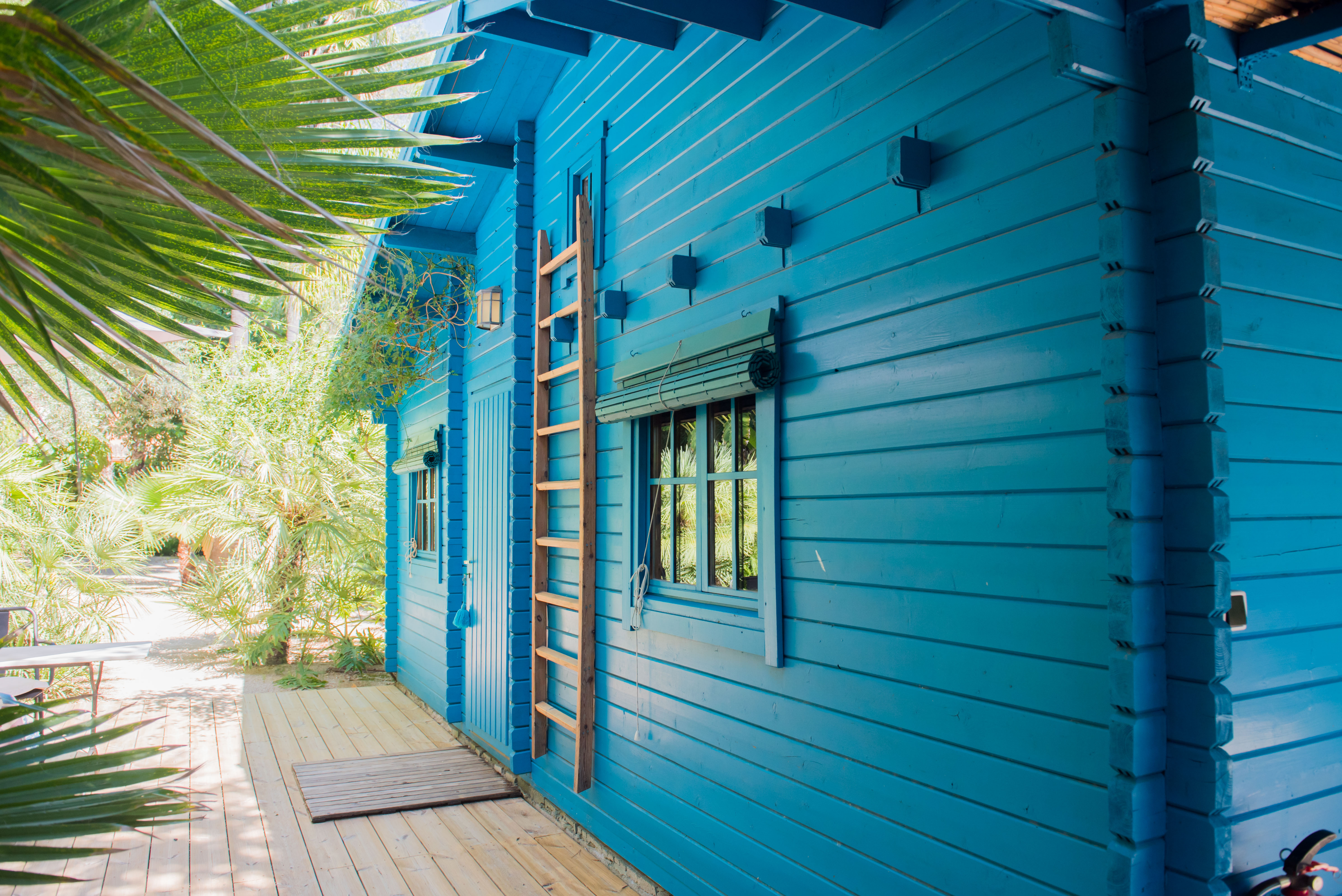 Extérieur d'une cabane en bois bleu, avec échelle décorative et fenêtre à store bambou enroulé. Une terrasse en bois clair s'intègre dans un jardin tropical luxuriant.