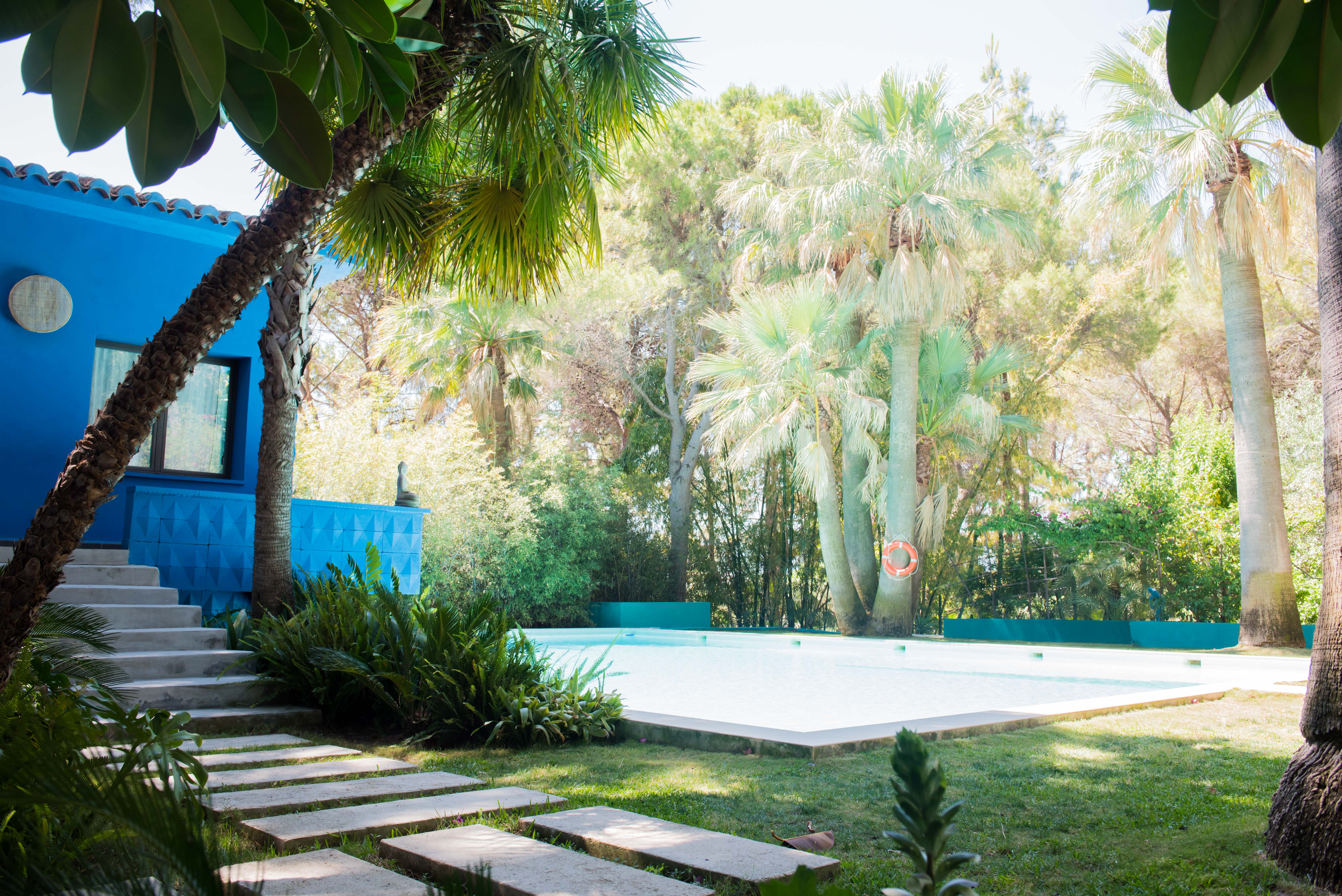 Piscine sereine au cœur d'un jardin tropical luxuriant, avec des pas en béton, un bâtiment bleu vif aux détails géométriques et des palmiers matures.